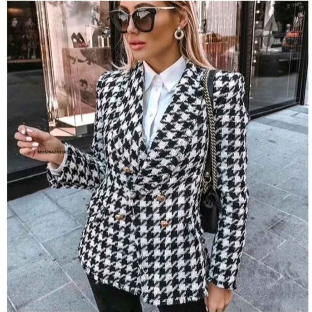Zara Houndstooth Tweed Blazer Jacket White Black Gold Boucle Double Breasted XS